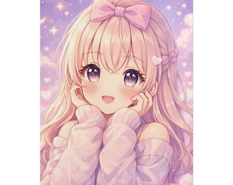 Póster enrollado con ilustración de chica rubia kawaii / Arte de dormitorio estilo anime pastel