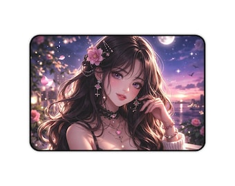 Alfombrilla de escritorio romántica con chica anime / Ilustración floral a la luz de la luna