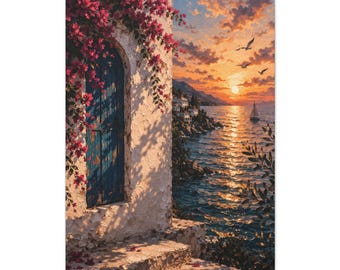 Lienzo para puerta con vista al mar y puesta de sol mediterránea