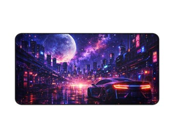 Alfombrilla de escritorio con paisaje urbano retro neón y coche deportivo / Alfombrilla de juego Cyberpunk a la luz de la luna