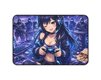 Alfombrilla de escritorio con ilustración de chica gamer guiñando un ojo / Alfombrilla de ratón para videojuegos estilo anime