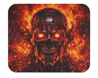 Alfombrilla de ratón con calavera cibernética en llamas / Alfombrilla de escritorio para juegos de terror ardiente