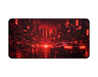 Alfombrilla de escritorio con diseño de coche deportivo de ciudad neón / Paisaje urbano rojo ciberpunk