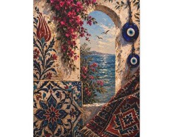 Lienzo con paisaje marino de ventana mediterránea