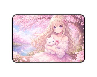 Chica anime sosteniendo un gato blanco Alfombrilla de escritorio / Paisaje primaveral de cerezos en flor