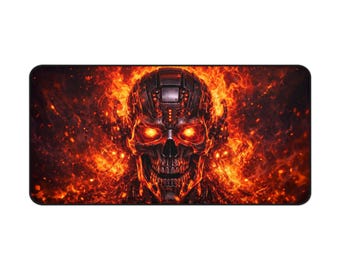 Alfombrilla de escritorio/ratón para juegos con diseño de calavera llameante y calavera de terror.