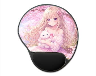 Chica rubia de anime sosteniendo una alfombrilla de ratón con forma de gato y reposamuñecas / Flor de cerezo Sakura