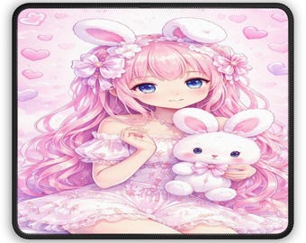 Alfombrilla de ratón de anime con conejita rosa / Alfombrilla de escritorio para juegos con corazones pastel