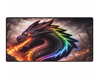 Alfombrilla de escritorio/alfombrilla de ratón para juegos con diseño de dragón de fuego arcoíris, alfombrilla de escritorio grande.