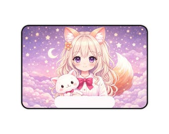 Alfombrilla de escritorio con diseño de chica zorro anime y gato de peluche / cielo estrellado pastel, alfombrilla de ratón kawaii para juegos