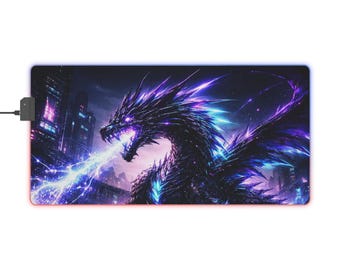 Alfombrilla de ratón para juegos con LED de dragón neón / Iluminación RGB en los bordes, fantasía cibernética