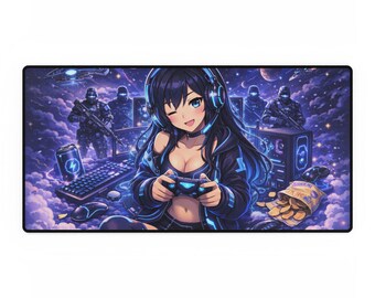 Alfombrilla de escritorio con diseño de chica gamer de anime / Alfombrilla de ratón grande para juegos, diseño de mando