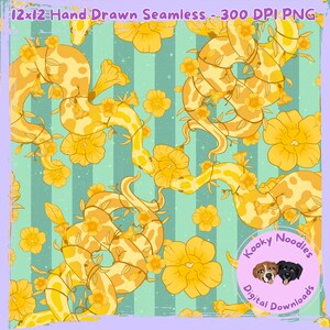 Floral Snake Reptile Yellow Jessamine Ball Python Seamless Pattern for Commercial Use Hand Drawn 300 DPI - Green