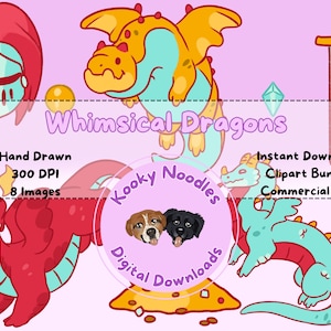 Cute Whimsical Dragon and Treasure Clip Art Bundle - Fantasy Knight Boys Clipart PNGs 300 DPI Instant Download for Commercial Use