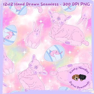 May include: A seamless digital pattern featuring pink lambs, bunnies, and eggs with a fish design. The background is a pastel mix of pink, blue, and yellow with star accents. The text at the top reads "12x12 Hand Drawn Seamless - 300 DPI PNG".