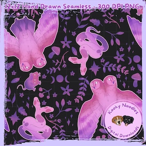 May include: Seamless digital pattern featuring hand-drawn illustrations of owls, snakes, mushrooms, and floral elements in shades of pink and purple on a black background. The design includes the text "Kooky Noodles Digital Downloads".