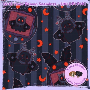 May include: A seamless digital pattern featuring dark moth creatures with red eyes and antennae on a dark striped background with orange stars and crescent moons. The text reads 12x12 Hand Drawn Seamless - 300 DPI PNG and Kooky Noodles Digital Downloads.