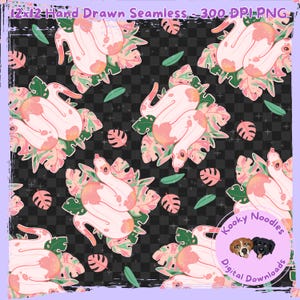 May include: Digital seamless pattern with stylized snakes in pink and white, set amongst pink and green tropical leaves. The design is on a black and grey chequered background. The text "12x12 Hand Drawn Seamless - 300 DPI PNG" is at the top.