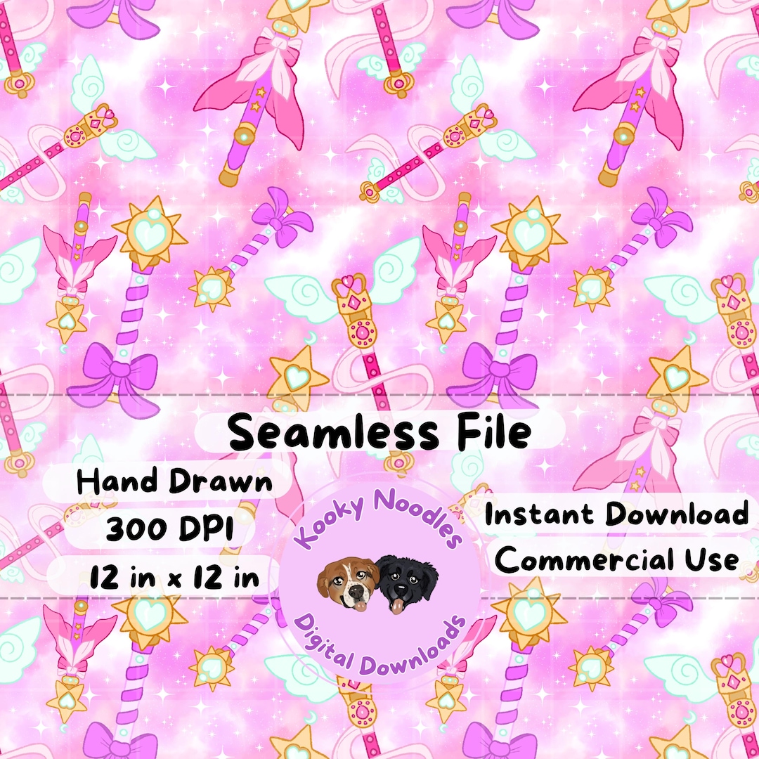 Hand Drawn Kawaii Magical Girl Wand Seamless Pattern File, Cute Anime ...