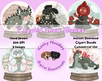 Set di clipart di globi di neve criptici: Mothman, Nessie, Yeti, Chupacabra, Flatwoods Monster PNG Bundle (uso commerciale, download digitale)