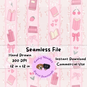 Bookish Coquette Seamless Pattern: Pink Bows & Books (PNG Digital File for Commercial Use)