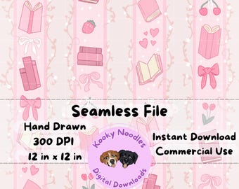 Bookish Coquette Seamless Pattern: Pink Bows & Books (PNG Digital File for Commercial Use)