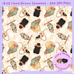 May include: A repeating pattern featuring circus animals, including raccoons and bears, performing tricks. The animals are depicted in a whimsical style, with a soft color palette of beige, red, and green. The design includes circus hoops, balls, and stars.