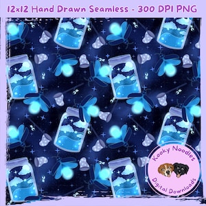 May include: A seamless digital pattern featuring a dark blue night sky with glowing blue fireflies, jars filled with clouds, and star details. The text at the top reads "12x12 Hand Drawn Seamless - 300 DPI PNG".