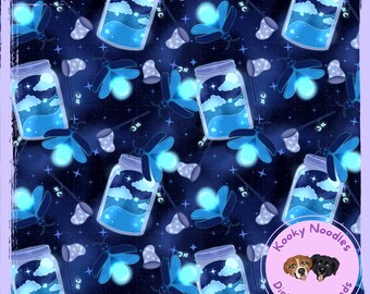 May include: A seamless digital pattern featuring a dark blue night sky with glowing blue fireflies, jars filled with clouds, and star details. The text at the top reads "12x12 Hand Drawn Seamless - 300 DPI PNG".