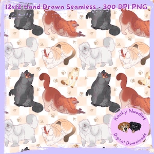 May include: A seamless pattern featuring cartoon cats in various poses and colors, including gray, red, white, and tan. The design includes paw prints and the text "12x12 Hand Drawn Seamless - 300 DPI PNG" and "Kooky Noodles Digital Downloads".