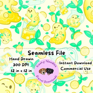 Hand Drawn Kawaii Lemonade Ghost Summerween Seamless Pattern File, Creepy Cute Summer Repeating Pattern PNG for Commercial Use