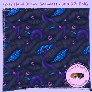 Op de afbeelding: Handgetekend naadloos digitaal patroon met een donkerblauwe achtergrond, paarse tentakels, blauwe tanden en roze ogen. Het ontwerp herhaalt zich over een oppervlakte van 30,48 x 30,48 cm. Inclusief een logo met twee hondenillustraties.