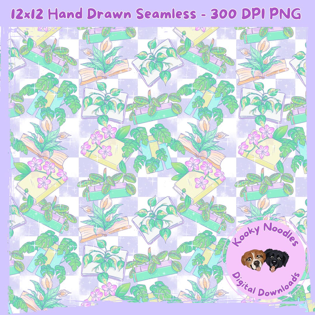 Hand Drawn Bookish House Plants Seamless Pattern File, Pastel Books ...