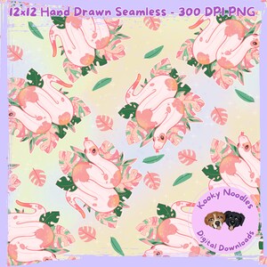 Può includere: Motivo digitale senza cuciture con illustrazioni disegnate a mano di serpenti bianchi e rosa, circondati da foglie tropicali rosa e verdi. Lo sfondo è una morbida sfumatura gialla e blu. Il testo "12x12 Hand Drawn Seamless - 300 DPI-PNG" è in alto.