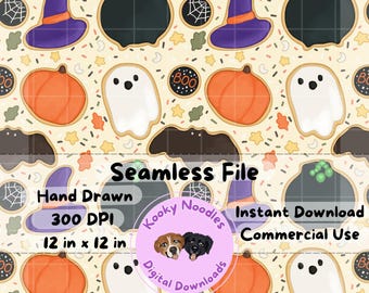 Hand Drawn Fall Halloween Sugar Cookie Seamless Pattern File, Spooky Cute Dessert Repeating Pattern PNG for Commercial Use 300 DPI