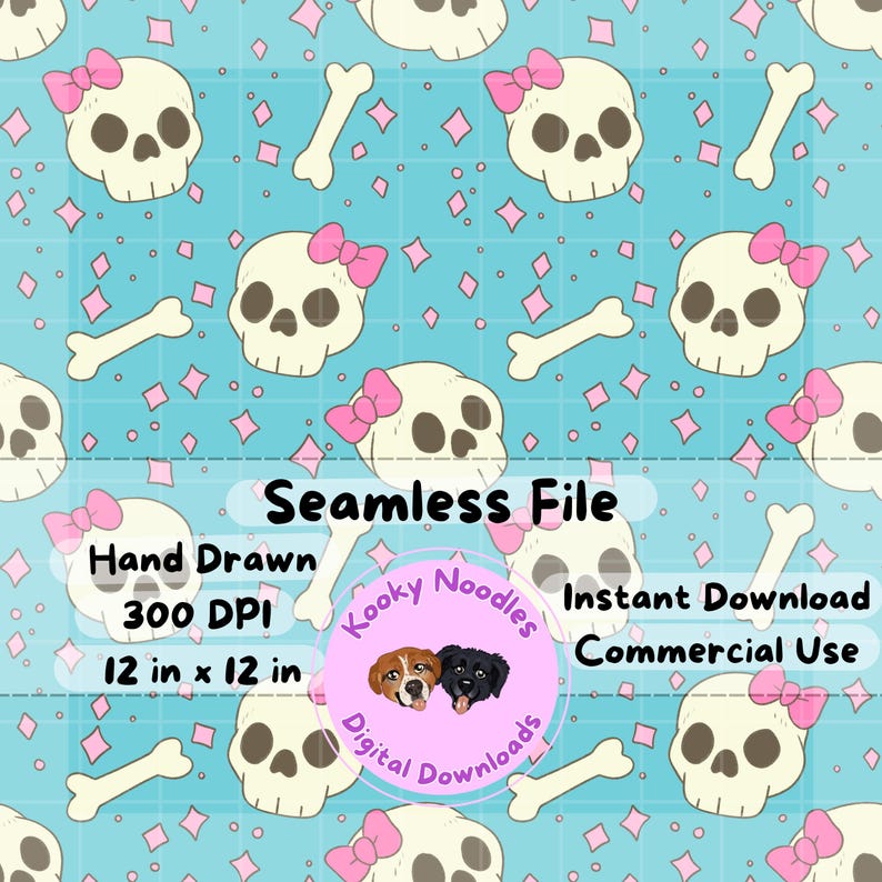 Hand Drawn Pastel Skull Seamless Pattern File for Girls, Cute Skulls ...