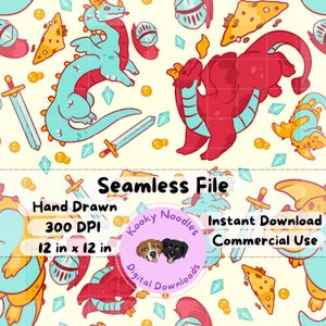 Hand Drawn Whimsical Dragon Seamless Pattern File for Kids, Fantasy Knight Repeating Pattern PNG for Commercial Use - Instant Download