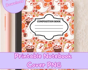 Printable Composition Notebook Cover for Kids PNG Cute Autumn Fall Harvest Ghost Back to School Hand Drawn Instant Download