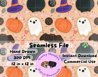 Handgetekende herfst Halloween suikerkoekje naadloos patroonbestand, spookachtig schattig dessert herhalend patroon PNG voor commercieel gebruik 300 DPI