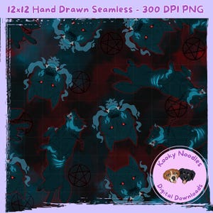 May include: Seamless digital pattern featuring dark teal wolves with glowing red eyes and pentagrams on a dark red and teal background. The text "12x12 Hand Drawn Seamless - 300 DPI PNG" is at the top. A circular logo with two dogs is in the bottom right.