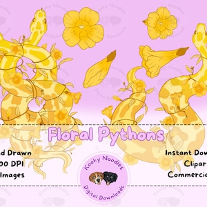 Hand Drawn Floral Snake Clip Art Bundle, Yellow Jessamine Ball Python Clipart PNGs 300 DPI Instant Download for Commercial Use