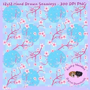 May include: Seamless digital pattern featuring a repeating design of stylized blue orbs with a floral motif and pink cherry blossom branches. The background is a light blue checkered pattern. The text at the top reads "12x12 Hand Drawn Seamless - 300 DPI PNG".