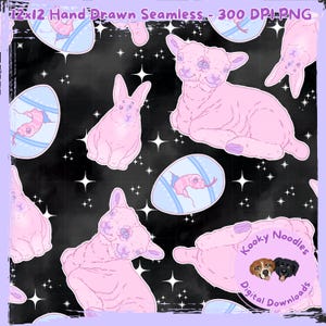 May include: A digital seamless pattern with pink bunnies, lambs, and Easter eggs with a snake design on a black background. The pattern includes white star accents and the text "12x12 Hand Drawn Seamless - 300 DPI-PNG" and a logo with the text "Kooky Noodles Digital Downloads".
