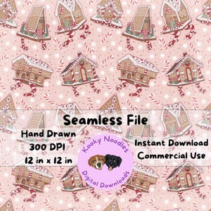 May include: A seamless digital file featuring repeating gingerbread houses with candy cane legs on a pink background. The houses have white icing and red and green accents. The file is 12 x 12 inches and includes the text "Seamless File".