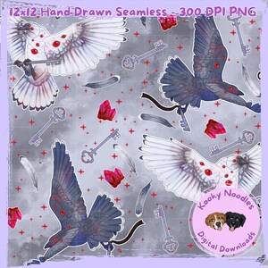 May include: Seamless digital pattern featuring illustrations of birds, keys, crystals, and feathers on a gray background. The birds have white and blue wings with red accents. The text "12x12 Hand-Drawn Seamless..." is at the top.