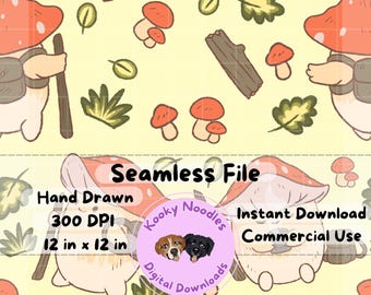 Handgezeichnete Kawaii Whimsical Pilz Abenteurer Nahtlose Muster-Datei, niedliche Fantasy Natur-Wiederholungsmuster PNG für kommerzielle Nutzung