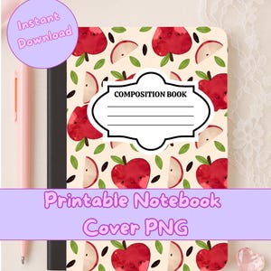 Printable Composition Notebook Cover for Kids PNG Cute Apples Back to School Hand Drawn Instant Download