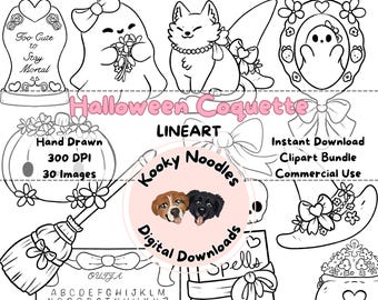 Spöklikt sött kawaii kokett lineart clipart set för Halloween kommersiella projekt - Girly Halloween Clip Art PNG-paket direktnedladdning