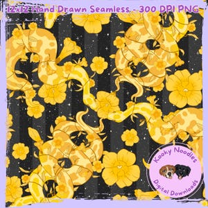 Floral Snake Reptile Yellow Jessamine Ball Python Seamless Pattern for Commercial Use Hand Drawn 300 DPI - Black
