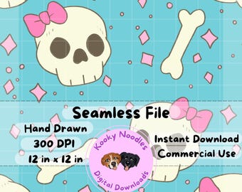 Hand Drawn Pastel Skull Seamless Pattern File for Girls, Cute Skulls with Bows Repeating Pattern PNG for Commercial Use - Instant Download